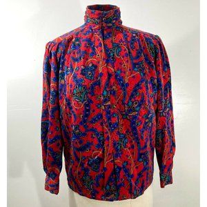 Vintage Red Paisley Floral Secretary Blouse 6 Pleated Retro High Mock Neck